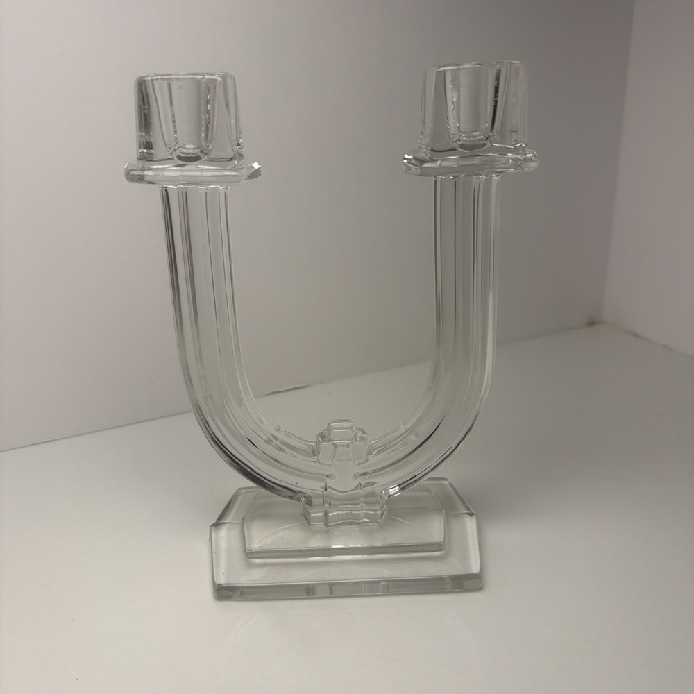 Vintage Art Deco Clear Glass Double Candlestick Holder U-Shaped 8" Tall